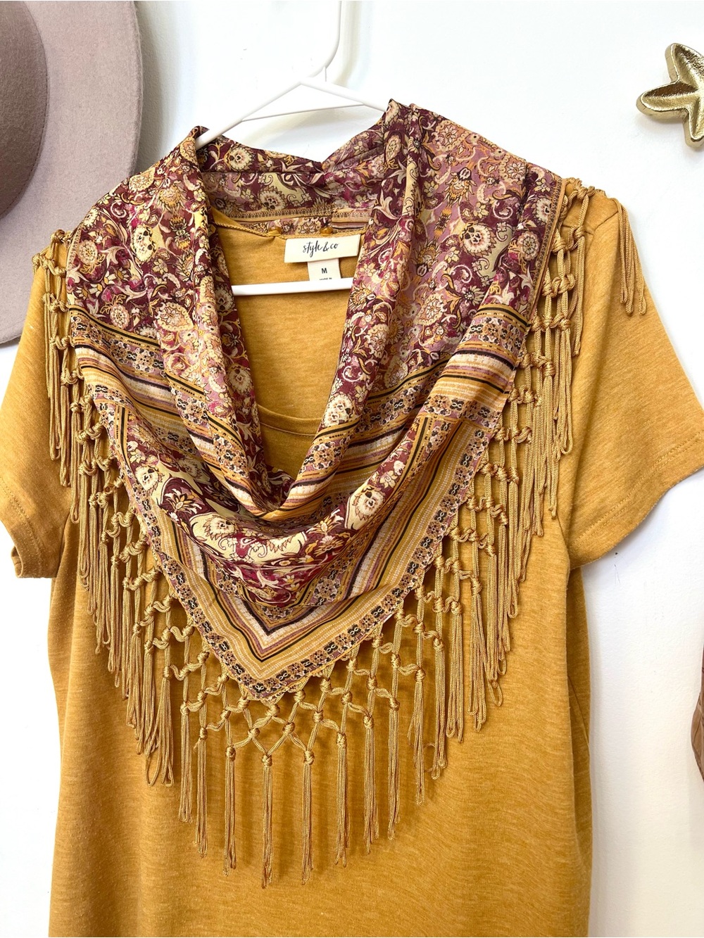 Style & Co mustard short sleeve with a buttoned scarf set M ptp 21.5” l 27”